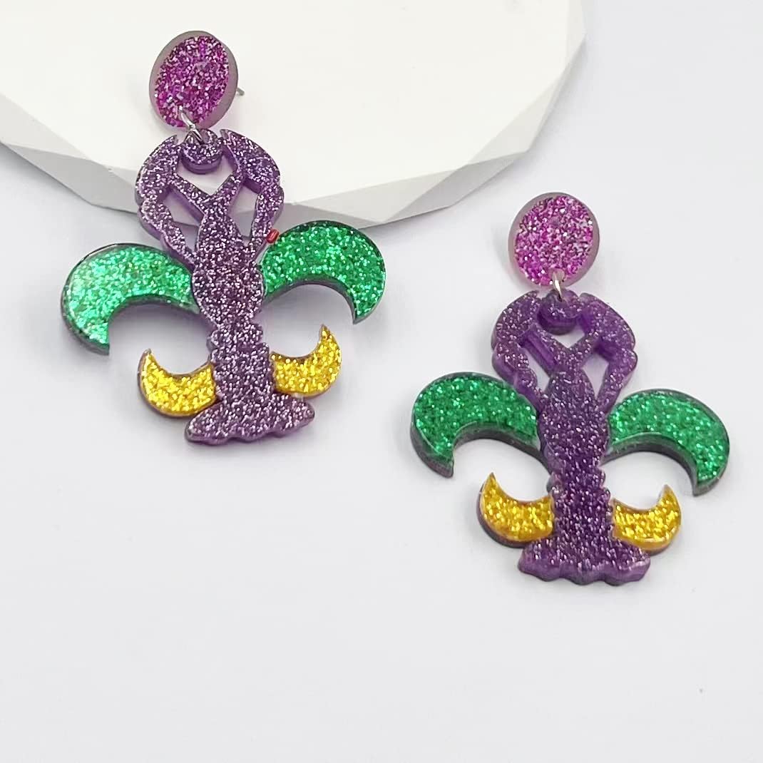 INENIMARTJ MardiGras Dangle Earrings for Women, Carnival Theme Mask Lips Hat Lobster Modelling Earrings, MardiGras Acrylic Earring for Holiday - Image 3