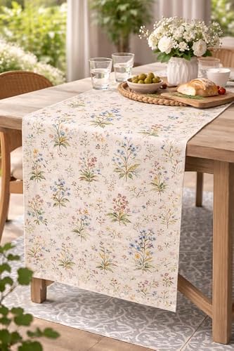 WWW.THROWPILLOW.IN Vintage Wildflower Garden Floral Print Table Runner 14x90 Inch|Farmhouse Chic Table Runner for 6.5 Feet Long Bedroom Side Table, Nightstand, Bedside Cabinet, Bed Table |