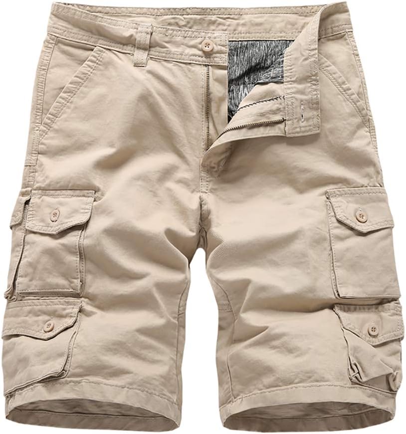 Mens Cargo Shorts Summer Casual Cotton Multi Pocket Loose Fit Army Combat Pants Regular Outdoor Work Trousers Black Khaki