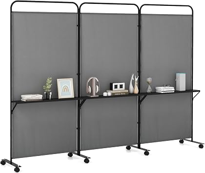 GOFLAME 3 Panel Room Divider with Storage Shelves, 6FT Folding Privacy Screen with Lockable Wheels, Portable Rolling Wall Divider, Freestanding Partition Screen for Room Separation, Grey