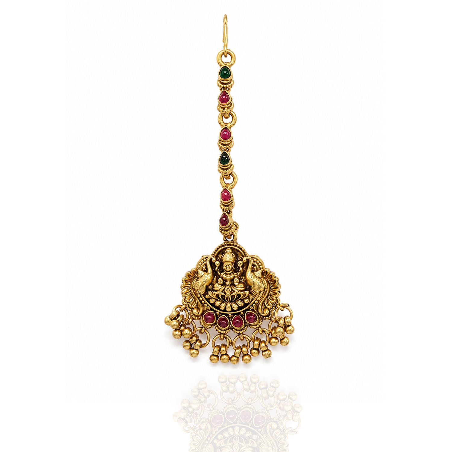 vama FASHIONS 18K Gold Plated Anti Tarnish Traditional Ruby Stone Lakshmi Devi Design Maang Tikka Wedding Bridal Maangtikka Papadibilla Temple Jewellery For Women-picture-34