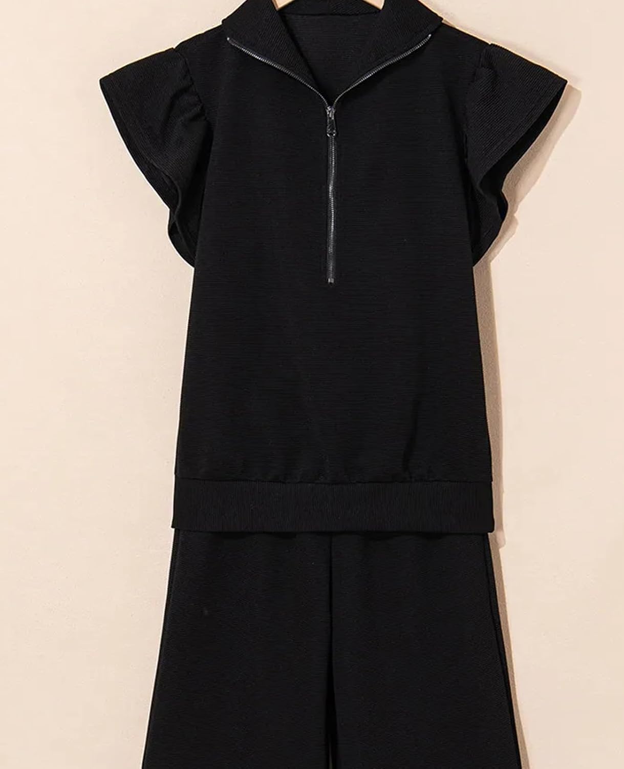 UONBOX Two Piece Sets for Women Ruffle Cap Sleeve Outfits Summer Wide Leg Pants Zipper Textured Lounge Sets With Pockets