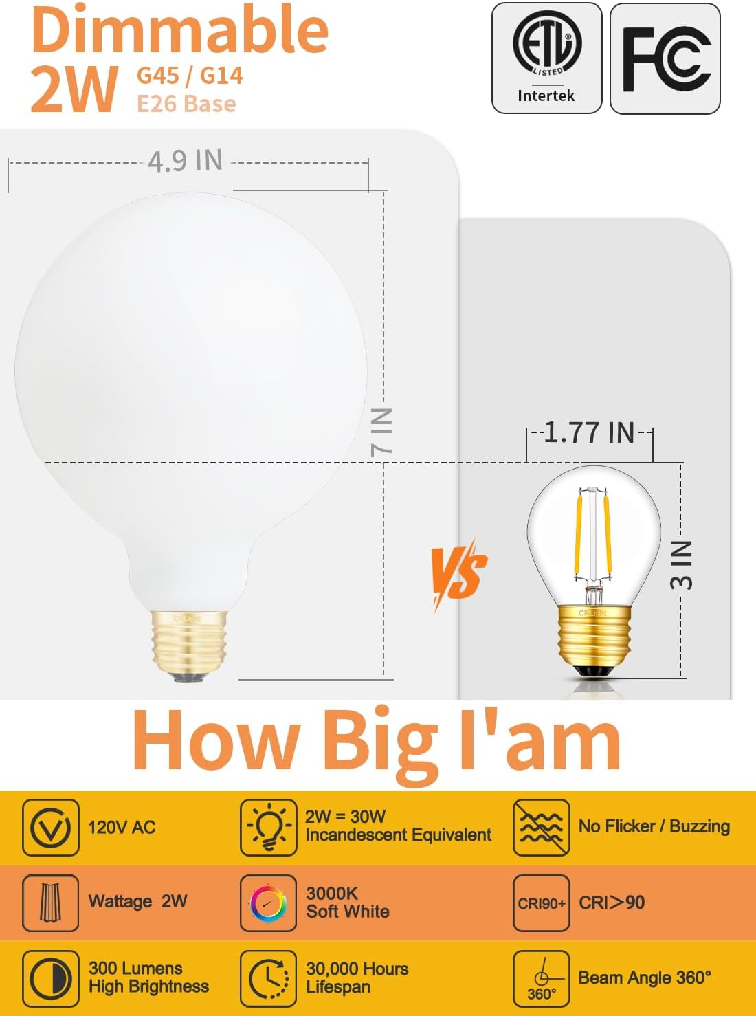 CRLight 2W LED Globe Light Bulb Dimmable 3000K Soft White, 30W Equivalent 300LM, E26 Vintage Edison Style Tiny G14 / G45 Clear Round Light Bulbs for Chandelier Bathroom Vanity Mirror, 12 Pack