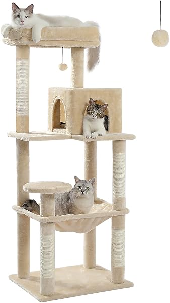 PAWZ Road 143cm Cat Tree for Indoor Cats with Metal Frame Large Hammock, 56.3 Inches Big Cat Tower with Scratching Posts and Top Perch, 4.7ft Multi-Level Activity Center with Replaceable Pompon, Beige - 1