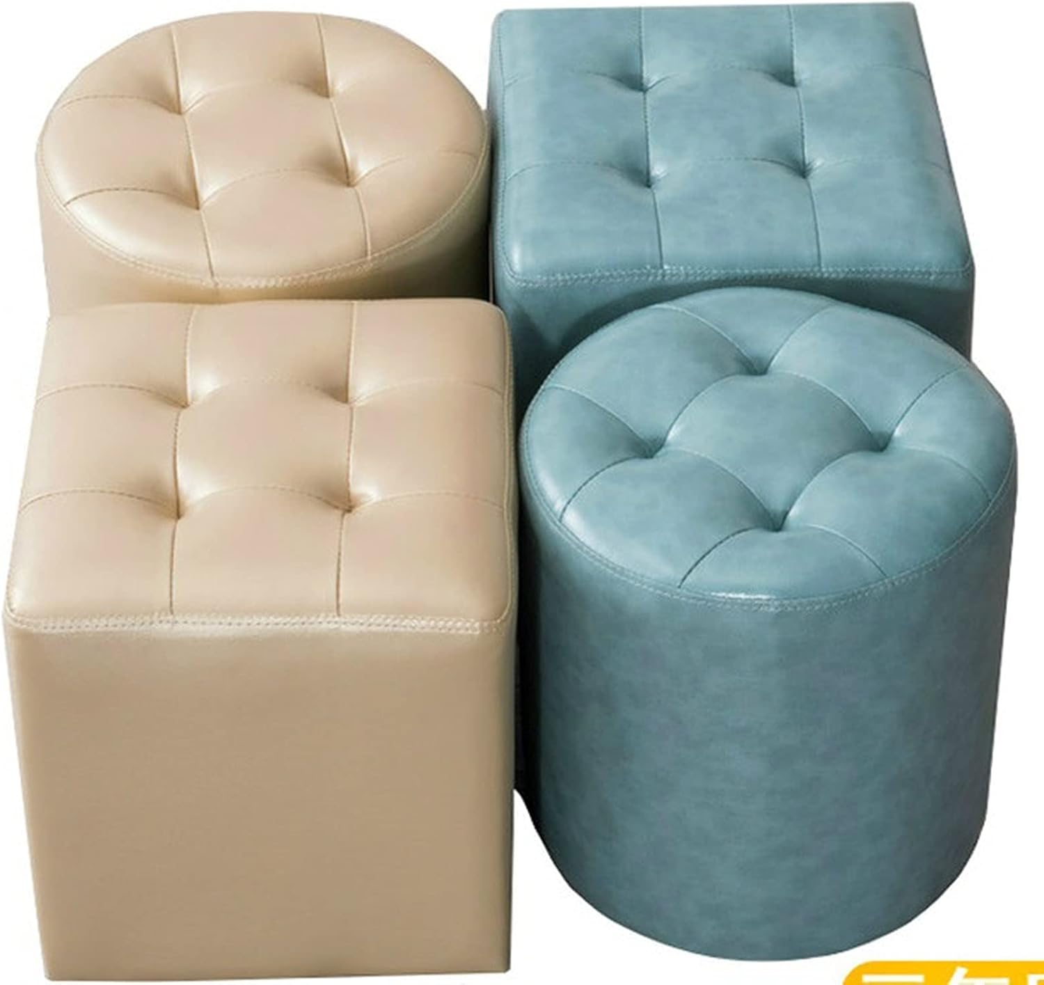 European-Style Leather Sofa and Stool, Round Stool for Living Room Coffee Table, and Stool for Changing Shoes for Household Use. (Color : Yellow)