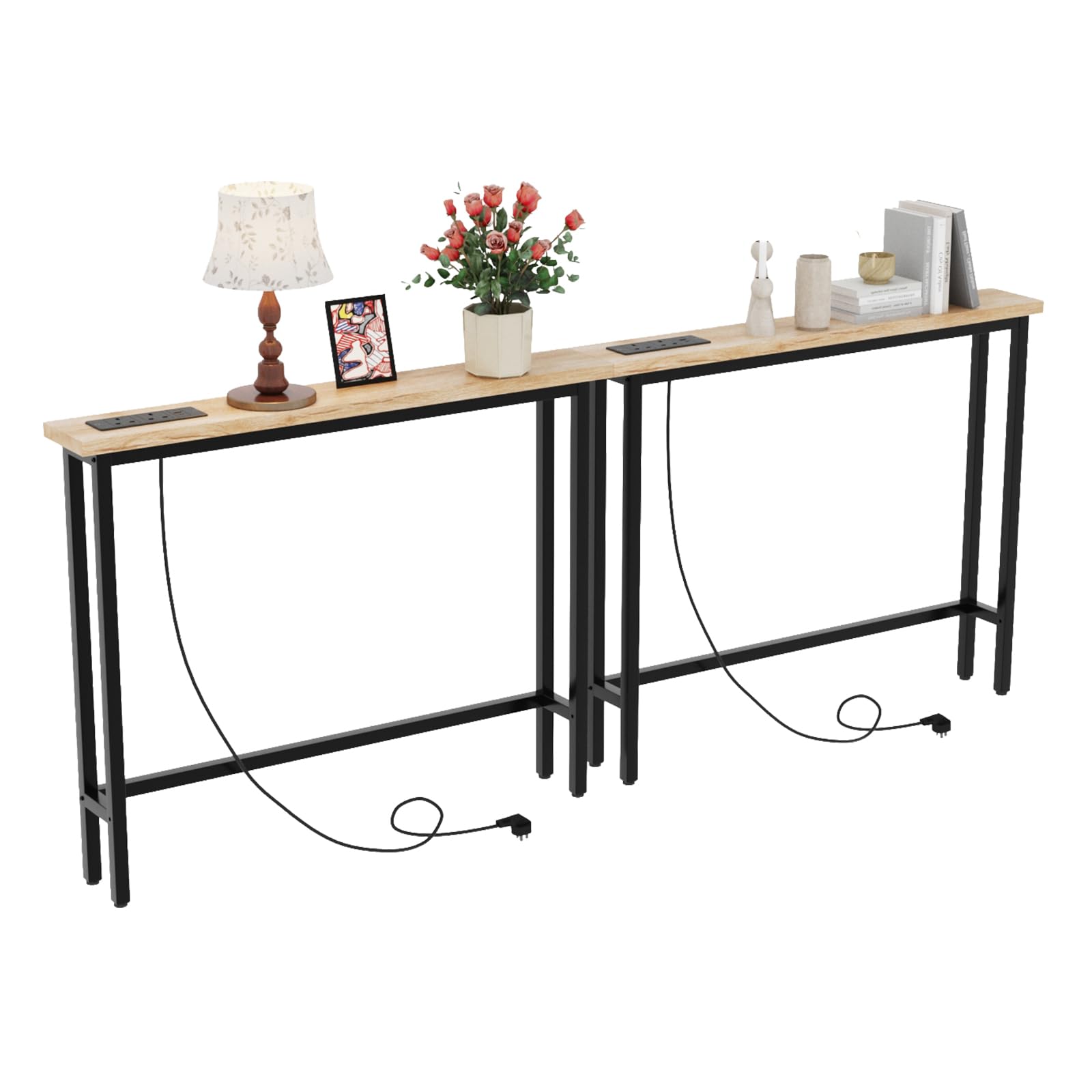 Bonnlo Console Table for Hallway Slim, Set of 2, Narrow Sofa table with Outlets, USB Ports and 150cm Power cord, Behind Couch Table with Charging Station, for Entryway, Corridor,100x15x79cm (Oak) โ image 1