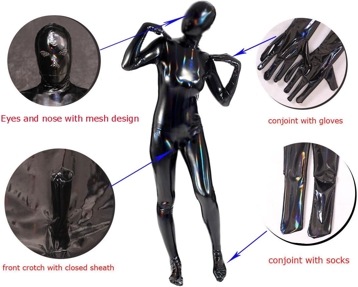 Men's Synthetic Latex Wetlook Bodysuit Full Body Handmade Back with Zipper Catsuit Jumpsuit Attached Hood Gloves