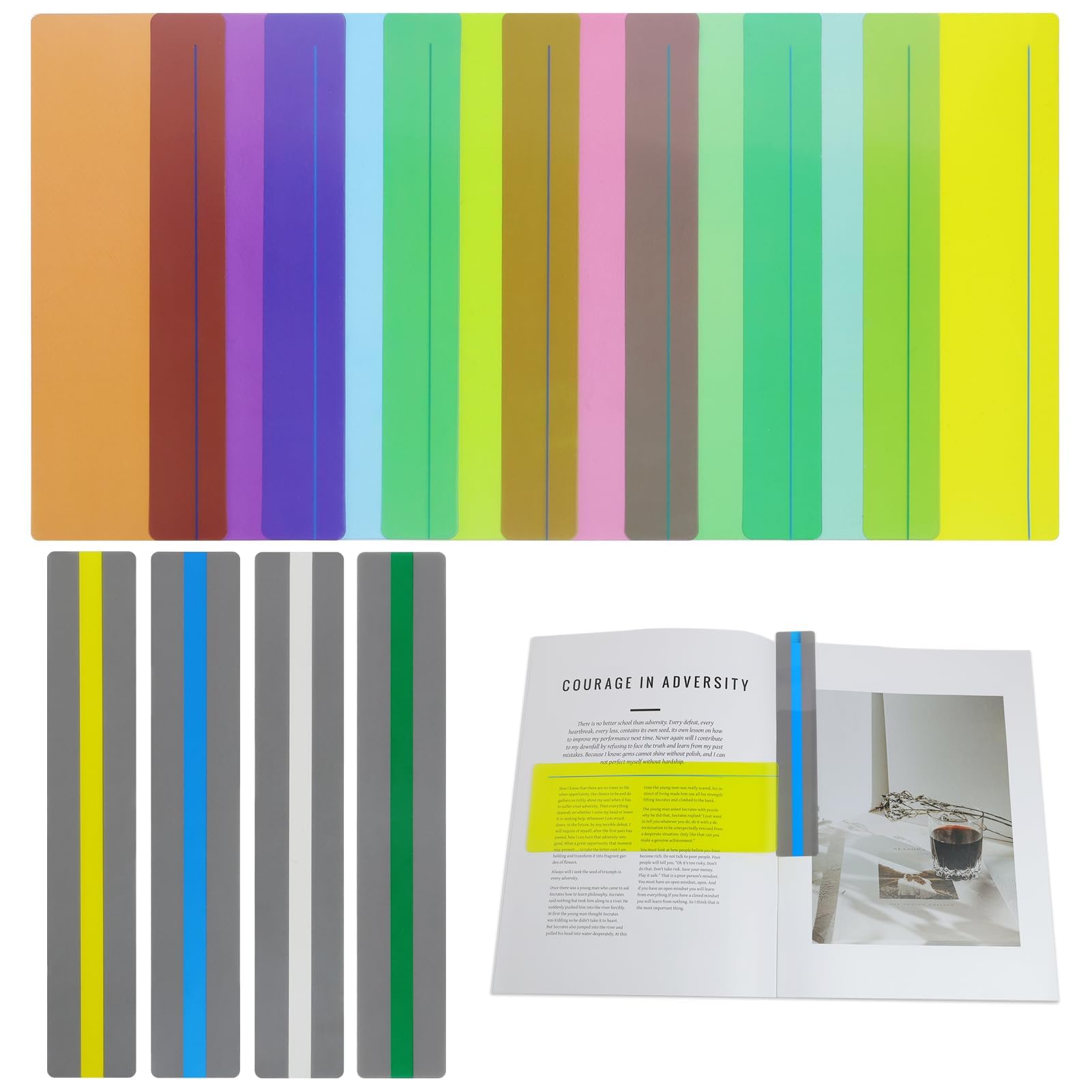 12pcs Dyslexia Overlay Ruler Kit,2 Sizes 8 Colors Overlays Reading Guide Highlight Strips Tracking Rulers,Reading Overlay Highlight Strips for Visual Stress Dyslexia Reading Aids