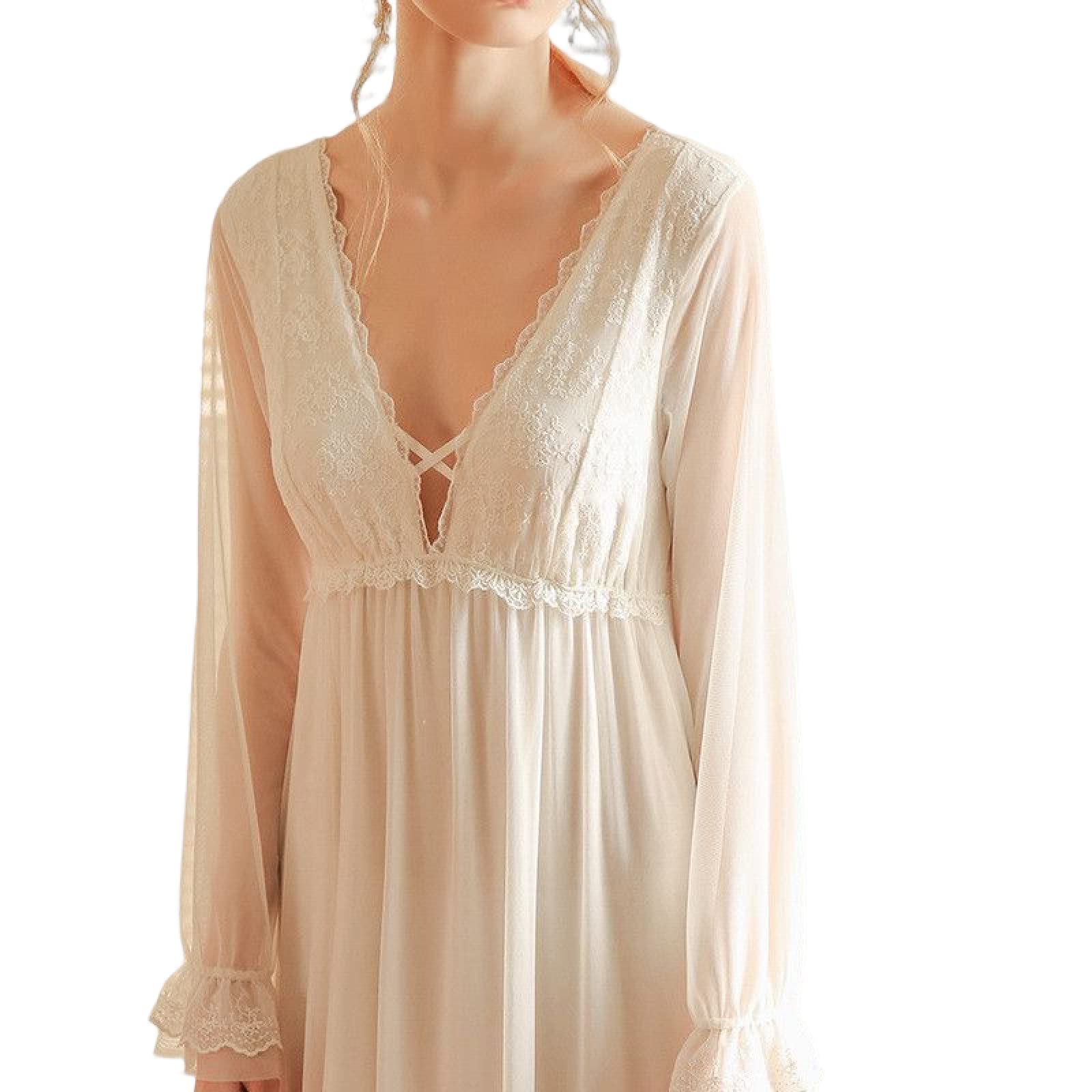 OFFSUM Camicia da Notte Donna - Camicia da Notte in Pizzo con Scollo A V Primavera Autunno Camicia da Notte Comoda in Tinta Unita Abito Elegante Vintage Moda Abbigliamento da Notte