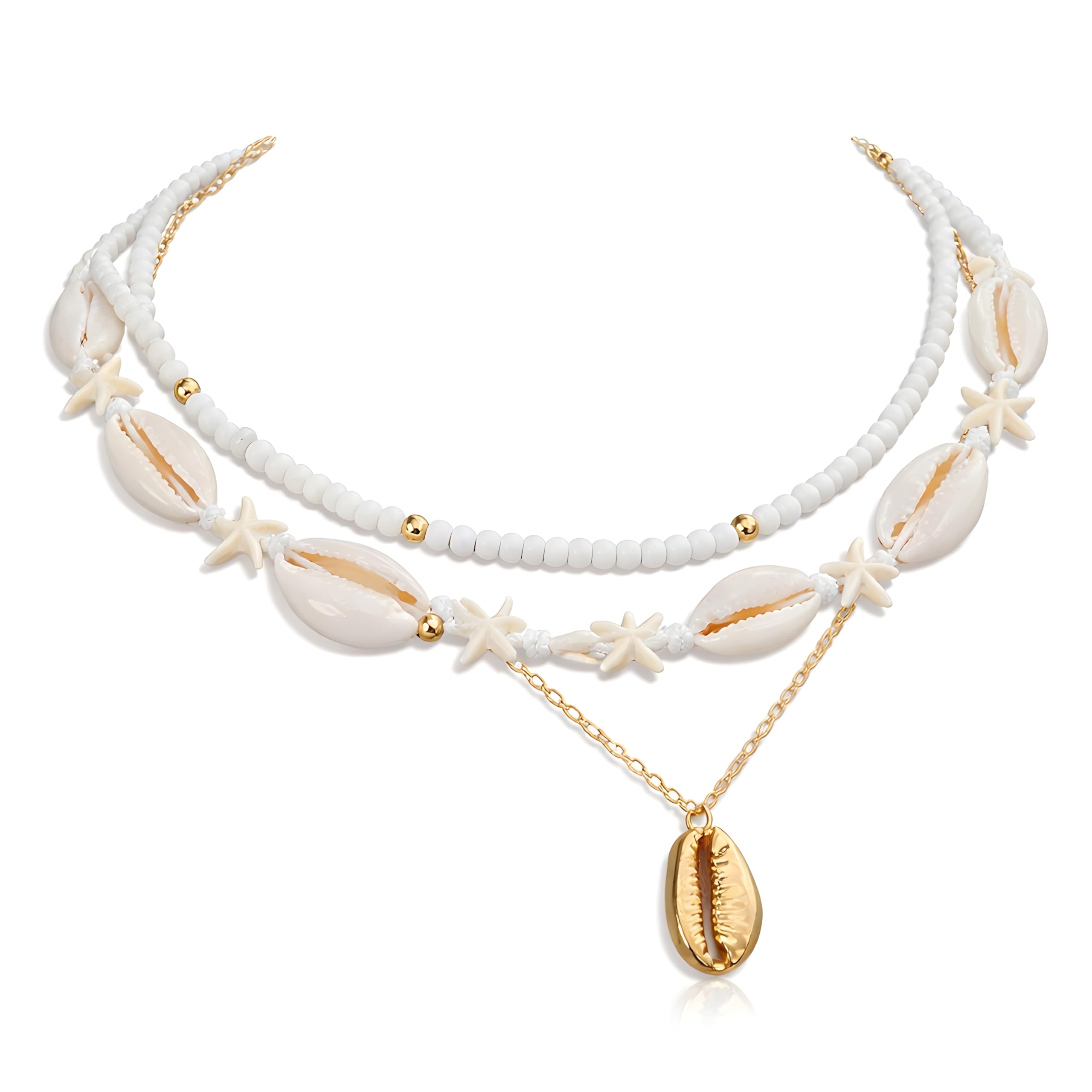 elvynk Layered Cowrie Shell Necklace for Women – Gold Plated Boho Beach Choker – White Seed Bead & Natural Seashell Statement Jewelry – Tropical Hawaiian Puka Shell Necklace with Gold Pendant-picture-22