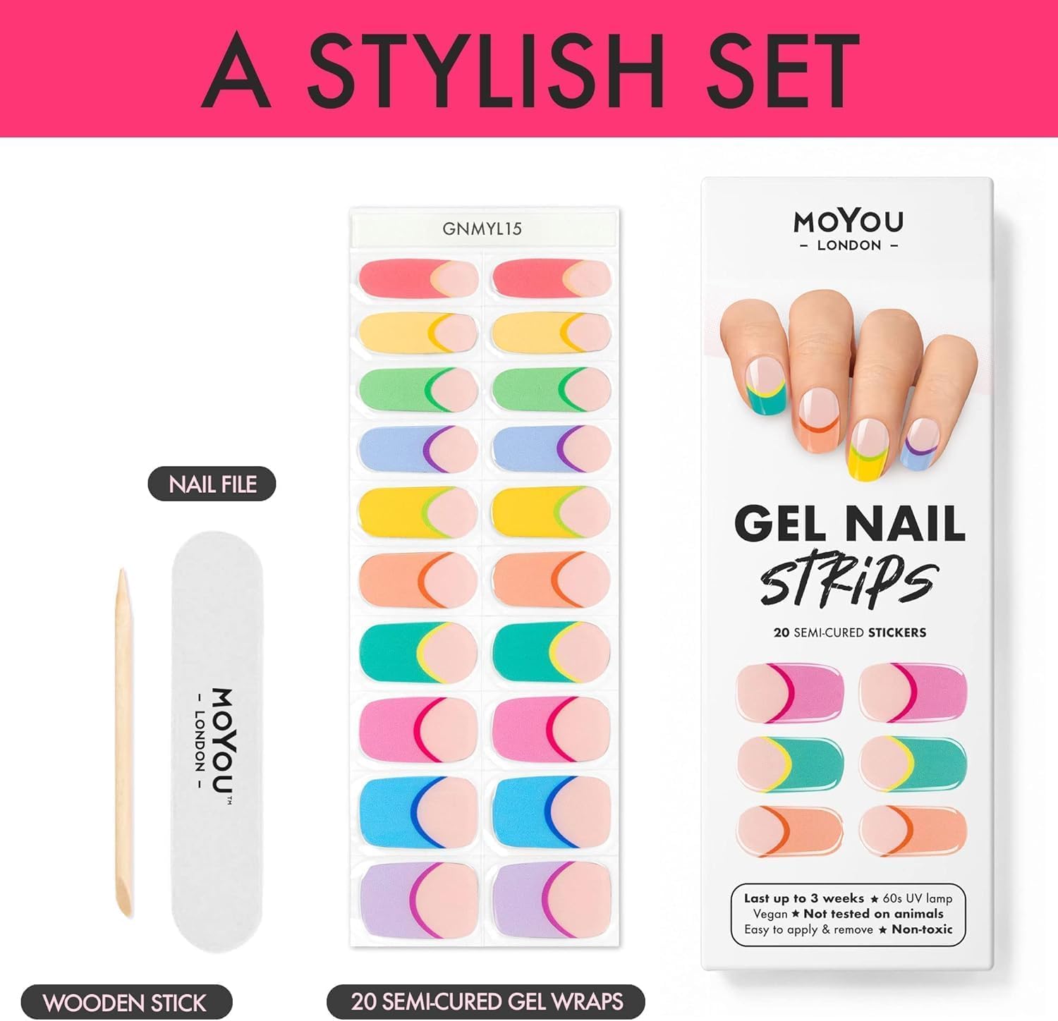 MOYOU LONDON Semi Cured Gel Nail Strips - 20 Pcs. Nail Wraps for Salon-Quality Manicure - Works with Any UV Nail Lamp - Easy to Apply, Trim, & Remove Gel Nail Stickers - Image 4