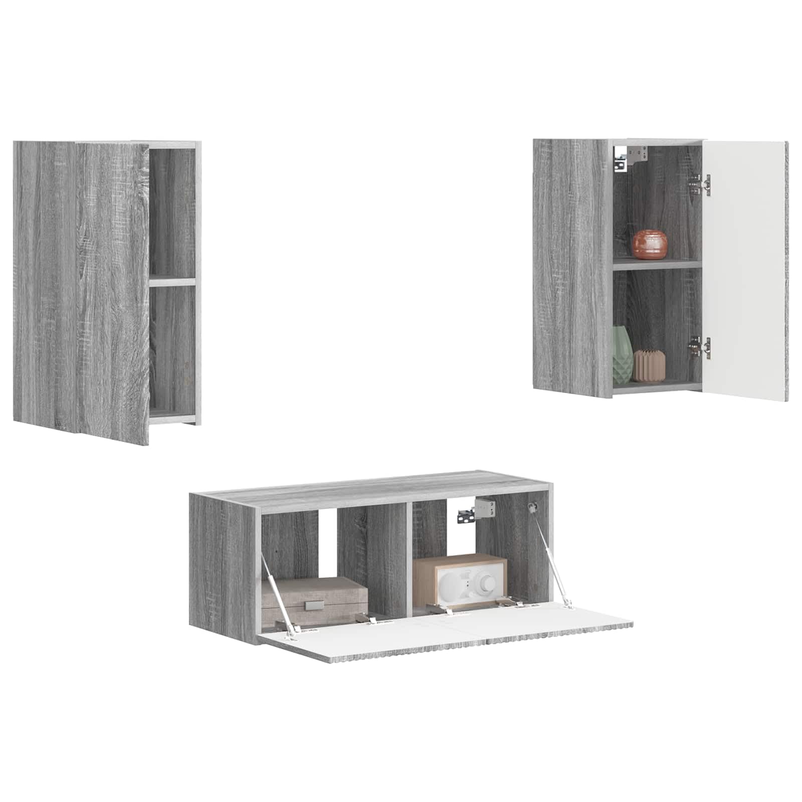 TV-Schrankset Wandmontiert 2-teilig, Graues Sonoma Holzwerkstoff, Modernes Media-Center für Wohnzimmer und Schlafzimmer, Viel Stauraum