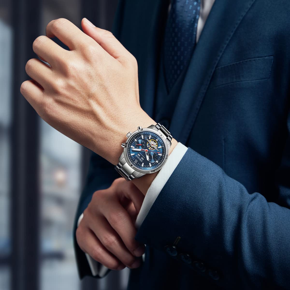 OBLVLO Herren-Automatikuhr Mechanisches Tourbillon Leuchtendes Edelstahlarmband Saphir 50M wasserdichte Kalenderwochenuhr 42mm cm-T