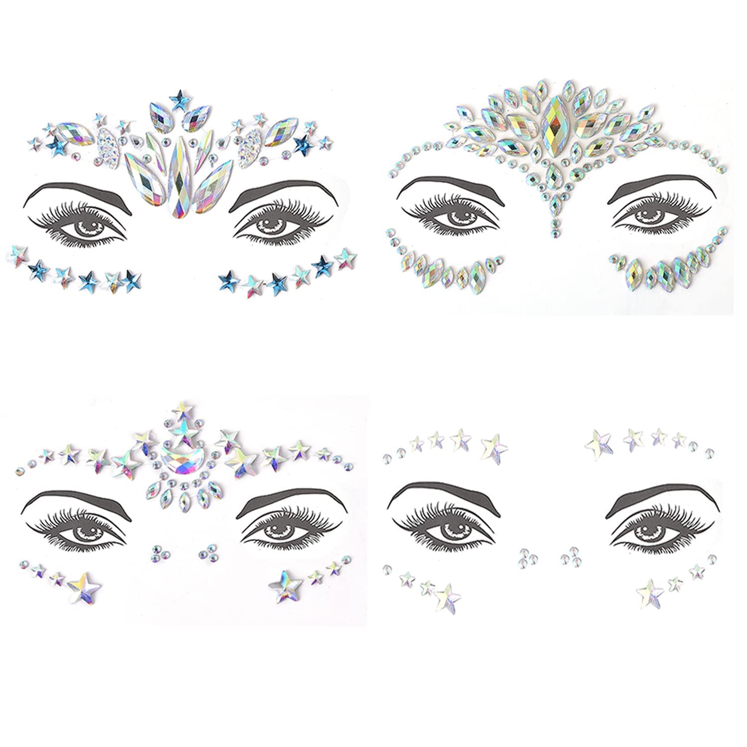 MAKINGTEC Face Jewels Stickers for Make-up, 4 Pcs Mermaid Rhinestones Gems, Crystal Glitter, Self-adhesive Body Temporary Tattoos for DIY, Rave, Festival, Carnival, Party