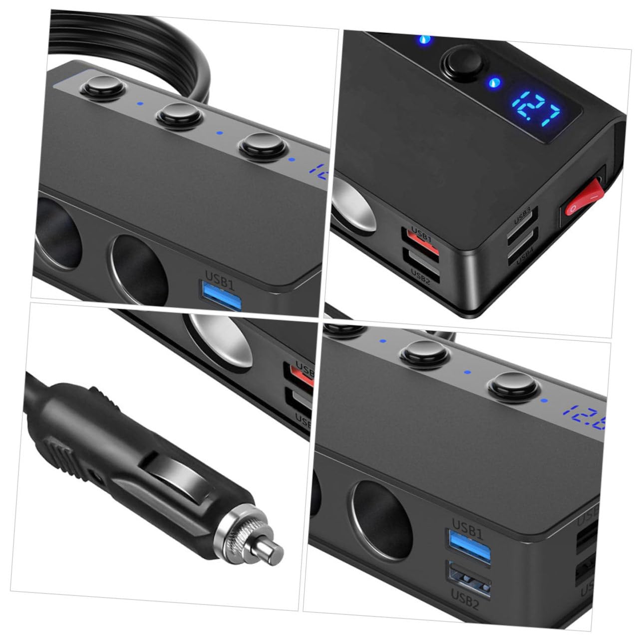 NUOBESTY Adattatore Carica Auto 1 a 3 4 Porte Usb, Presa Accendisigari 180w, Protezione Sovracorrente, per Ventilatori e Coperte