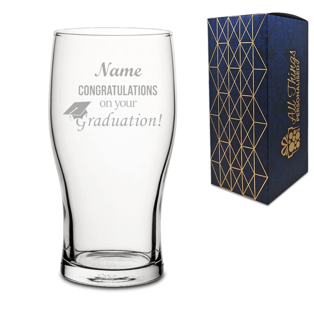 Personalised Engraved Novelty Pint Glass with Graduation Design, Gift Boxed, Perfect for Any Graduate