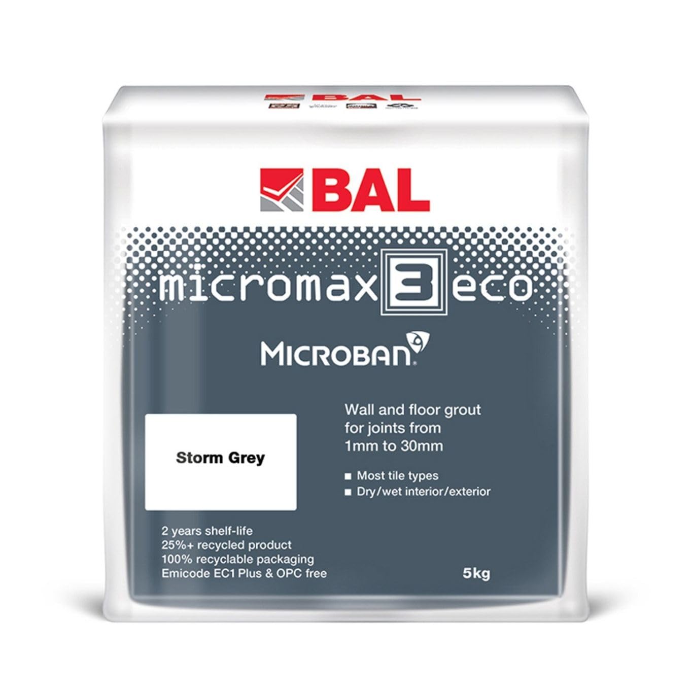 Bal Micromax3 Eco Grout Wall & Floor Grout, Rapid Set, Antimicrobial, Suitable For Interior & Exterior 5KG Bag - Storm Grey — image 1