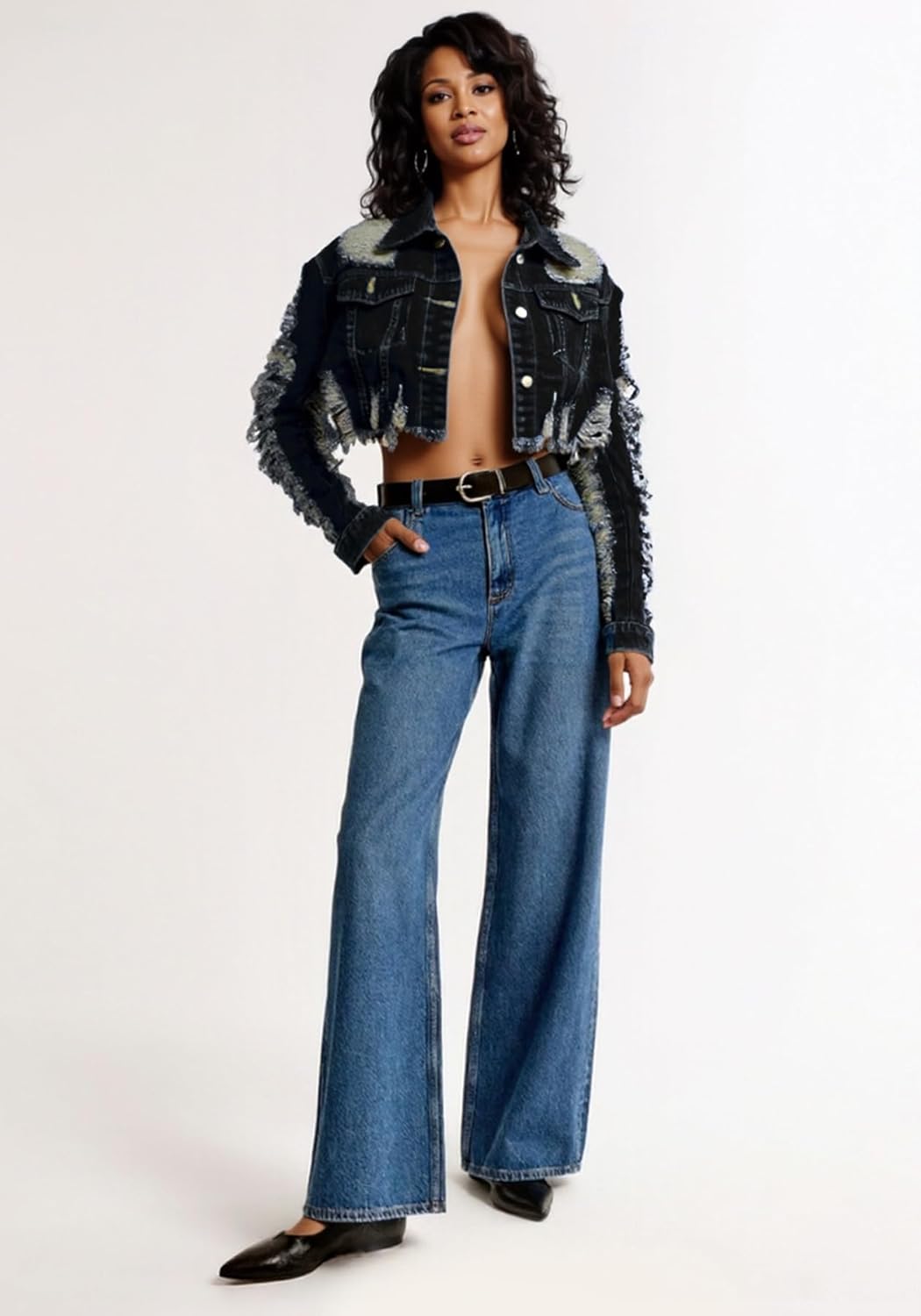 Tbahhir Women's Ripped Denim Jackets Cropped Button Down Long Sleeve Jean Jacket Top Coat with Raw Hem Distressed - Image 4