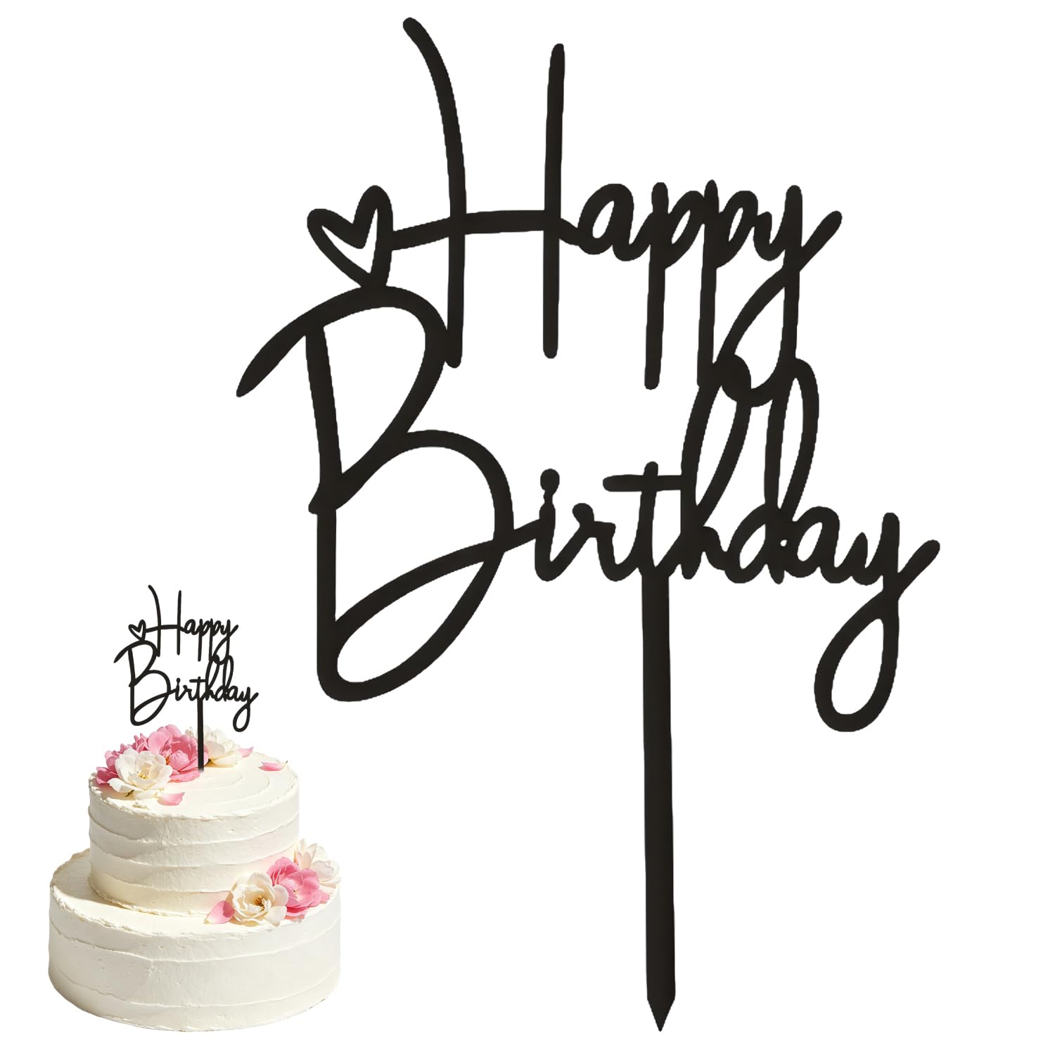 2 Pcs Happy Birthday Cake Topper, Birthday Cake Topper Decorations | Acrylic Happy Birthday Cake Decorations Supplies for Party Anniversary Celebration Baby Shower Bridal Shower (Black)