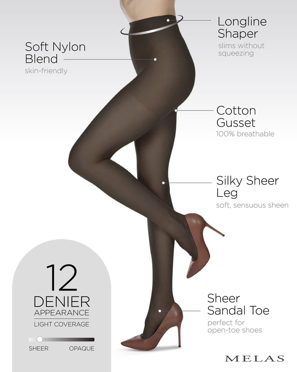Melas Women's 12 Denier Crystal Sheer Longline Shaper Pantyhose - Image 3