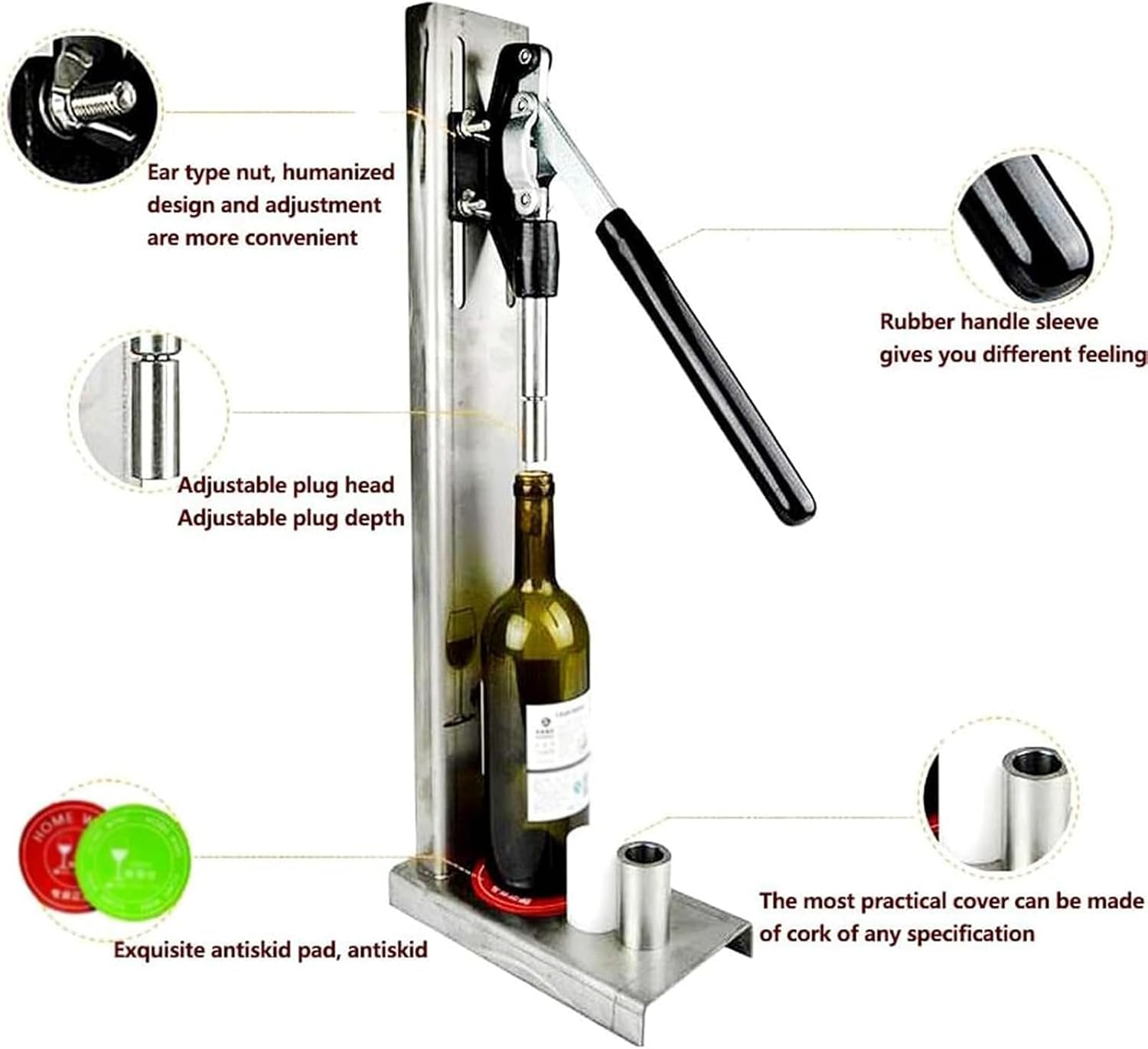 Stainless Steel Wine Bottle Corking Machine, Manual Wine Bottle Corking Machine with 4 Sets Of Heads, Corking Diameter: 20-22mm/height: 30-44mm/capable Bottle Height: 8-42cm, for Cork Stoppers