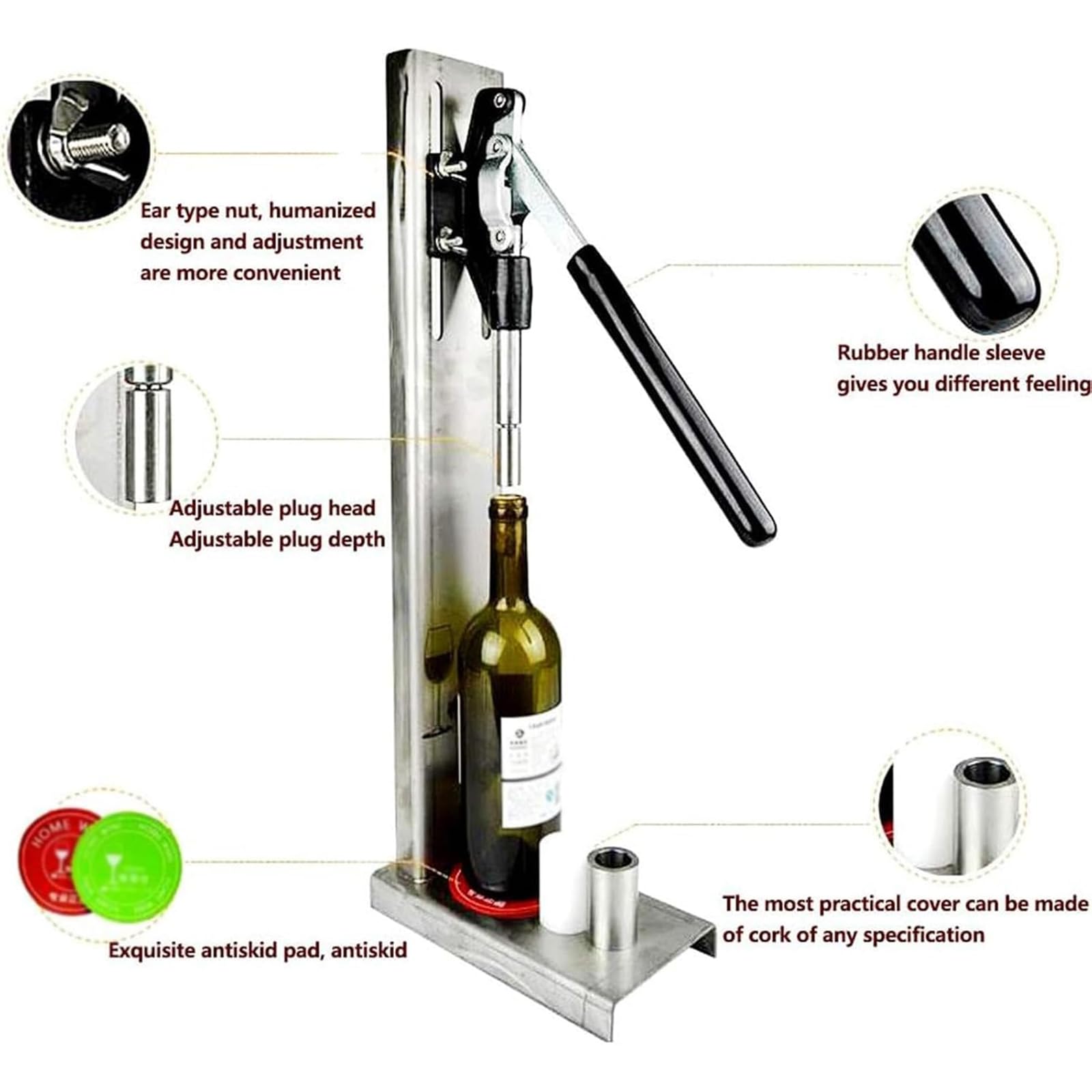 Corchadora manual de botellas de vino, máquina de taponado de acero inoxidable con 4 cabezales, para elaboración casera y vino