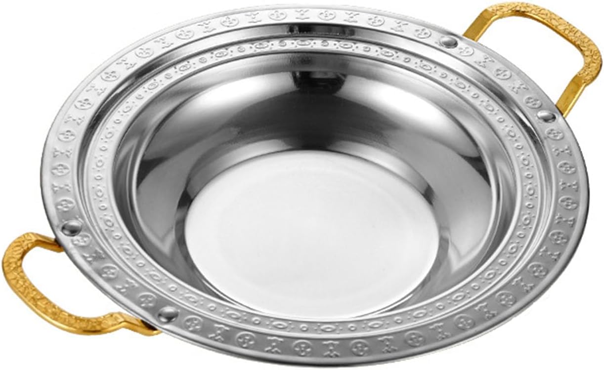 Ceramic pot with lid, gold frying pan, paella pan, stainless steel cooking pan, stainless steel hand stirrer, paella cookware, pot with double rivet handles, gold and sil