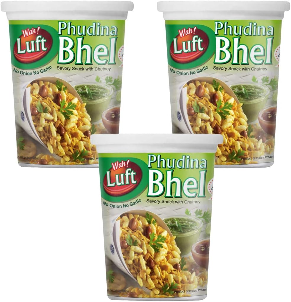 Wah Luft Instant and Delicious Phudina Bhel Puri Cup (Jain), Namkeen, Snacks, Ready to Eat, Chutney Inside, Chaat Special- 100g (Pack of 3)