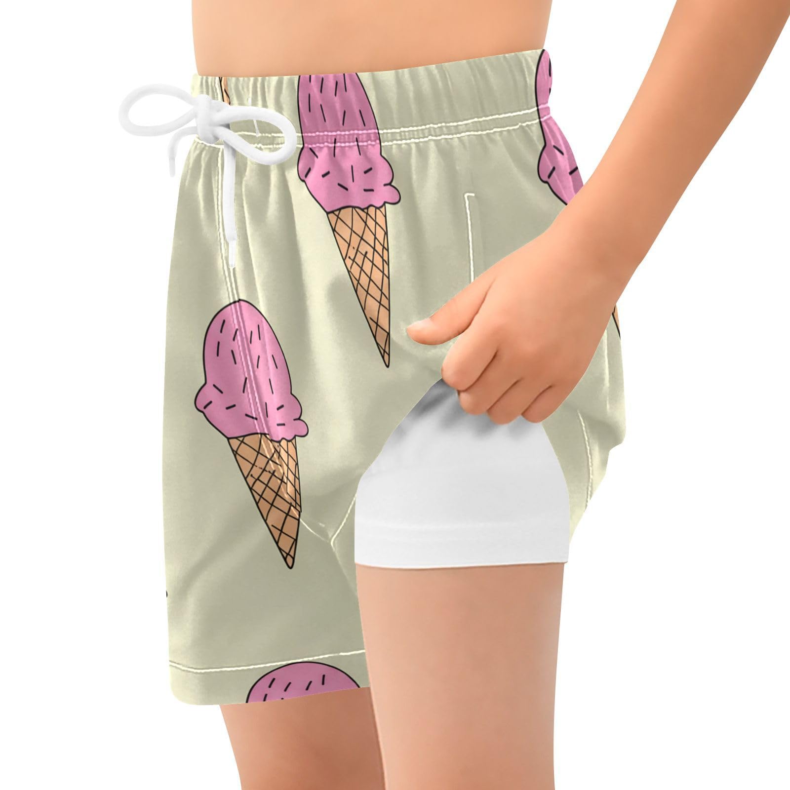 YANENDIE Boy Swim Trunks with Compression Liner Pink Ice Cream Cones Boys Swim Shorts Quick Dry Beach Shorts