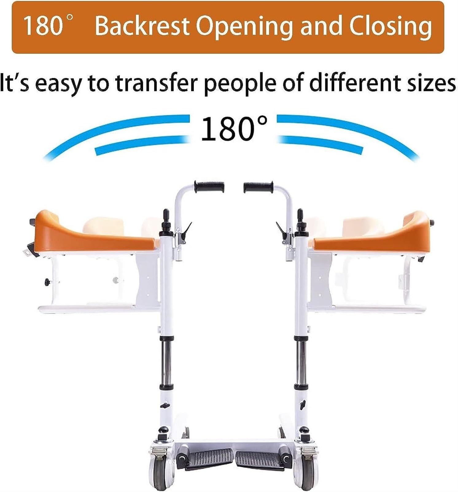 Grúa de traslado para Pacientes, Silla de Ducha para Personas Mayores con discapacidad, Asiento abatible de 180°, Silla de Transferencia con cuña, Silla de Ducha, 43 x 43 cm, Color Blanco.