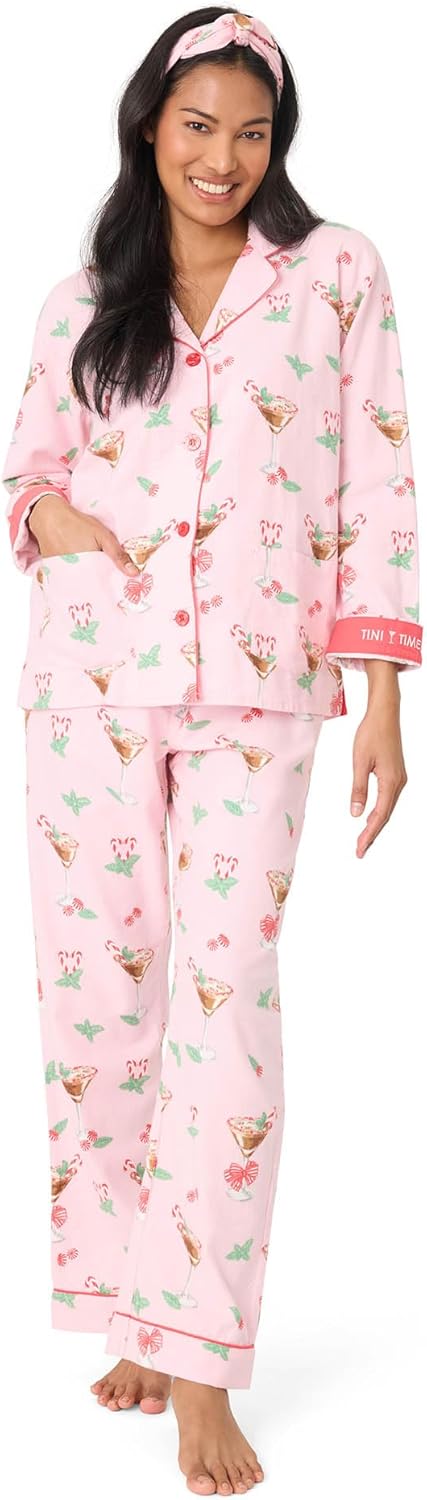 PJ Salvage womens Cotton Flannel Long-sleeve Top, Pant and Headband 3-piece Pajama Set