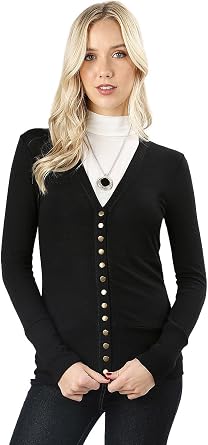 Cardigans for Women Long Sleeve Cardigan Knit Snap Button Sweater Regular & Plus - Black Medium