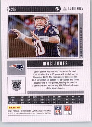 Miniatura 2 de 2021 Panini Chronicles Luminance Update Rookies 205 MAC JONES RC New England Patriots Football Trading Card