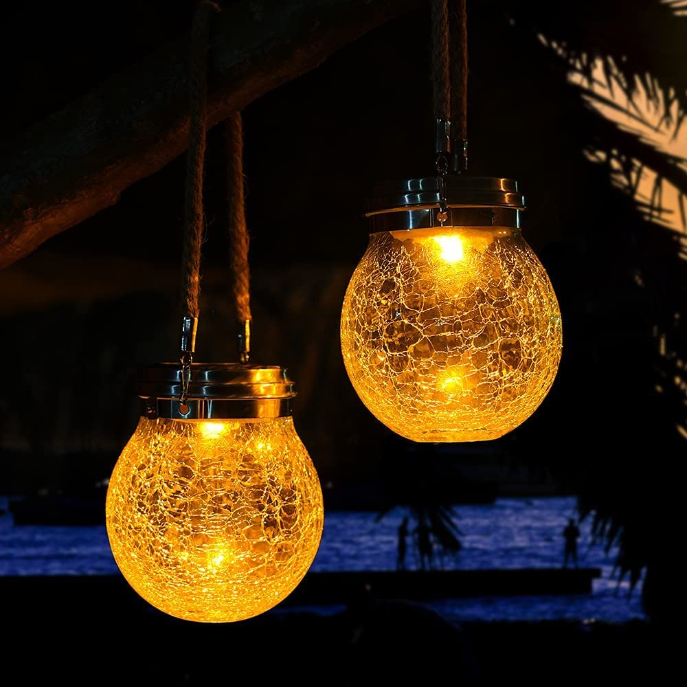 XBL Outdoor Hanging Solar Lantern, Upgraded Amber Warm LED Hanging Solar Lights Lanterns Decorative Waterproof with 2 Modes, Patio or Garden Decor Globe Lights Solar Powered for Deck Yard, 2 Pack