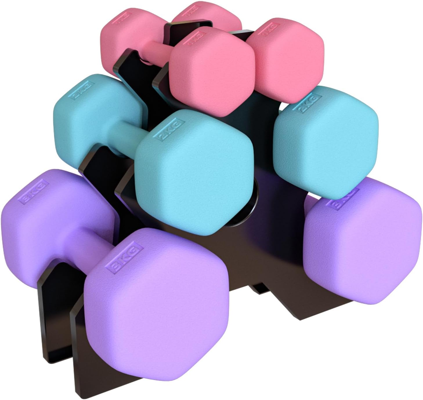 CANMALCHIHex Dumbbells Set of 6 with Storage Stand, Hand Weights Set for Exercise, Cardio, Strength Training at Home Gym, 2 x 1 kg, 2 x 2 kg, 2 x 3 kg, Hand Weights for Women Men Kids Exercise