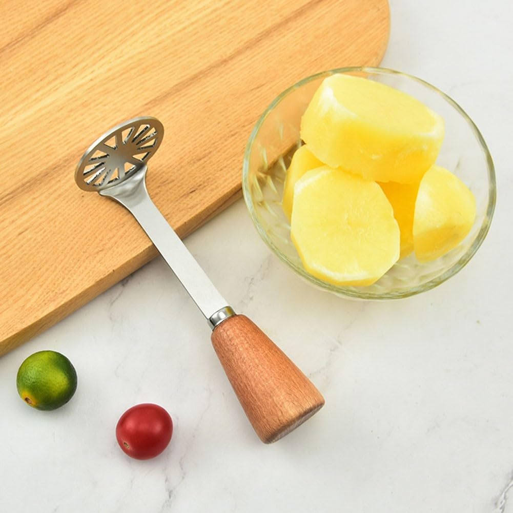 Presse-purée solide et efficace avec poignée en bois, parfait pour écraser les pommes de terre et les patates douces
