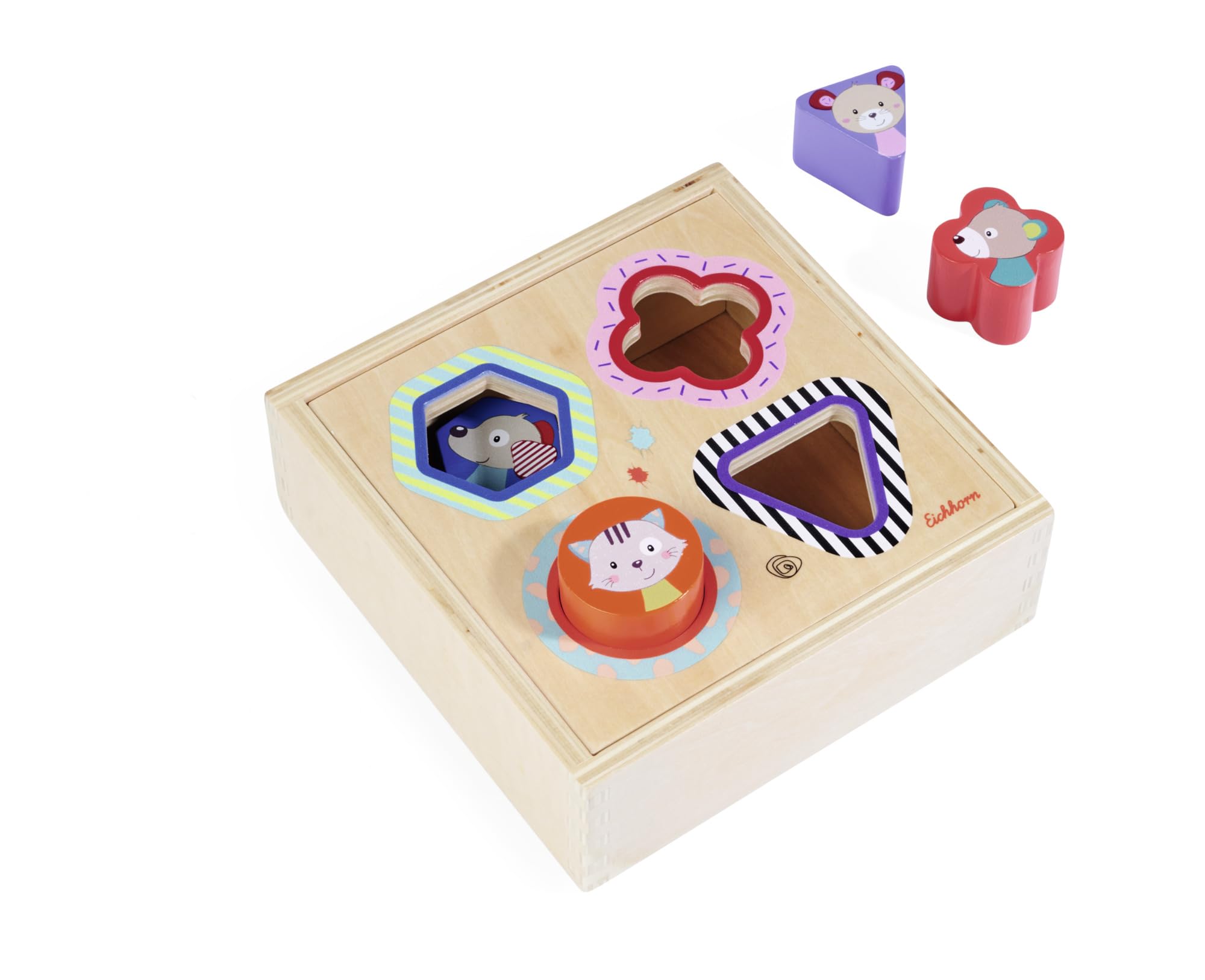 Eichhorn - Friends Wooden Box with 4 Plug-In Elements in and Shapes, 5 Pieces, 6 x 17 x 17 cm, 100% FSC Certified Birch Wood, from 4 Years