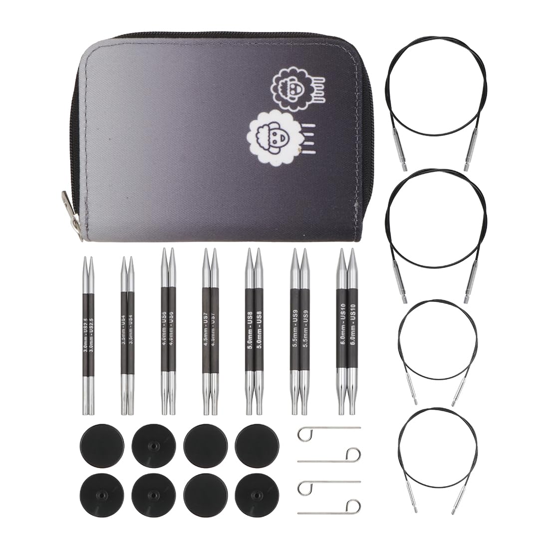 KnitPro Karbonz Midi Interchangeable Needle Set 4"(10cm) | 7 US Sizes (2.5 to 10)
