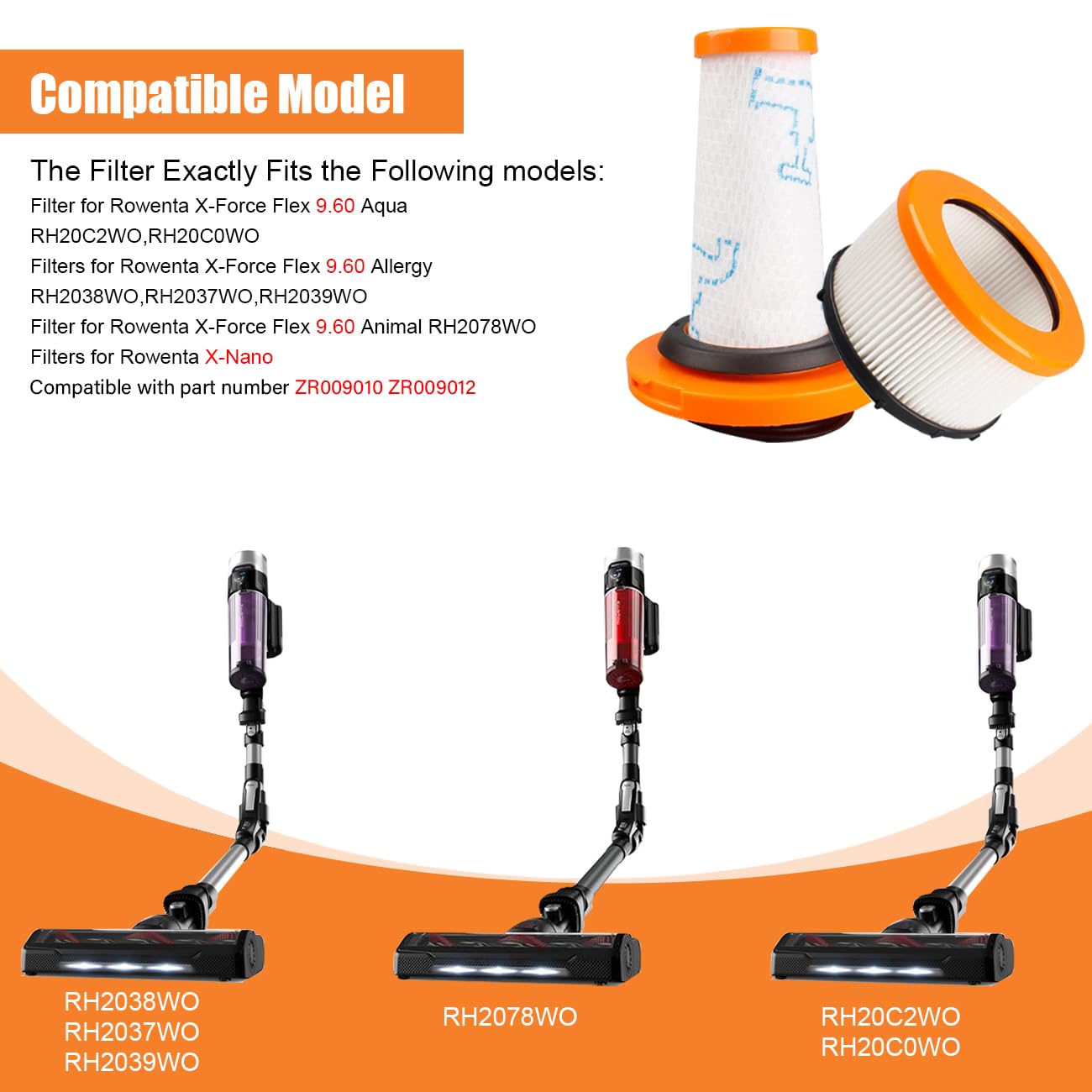 Filtres pour Rowenta X-FORCE FLEX 9.60 et X-NANO ESSENTIAL RH20xx, 2 Pré + 2 Moteur Filtres HEPA lavables pour ZR009010, ZR009012
