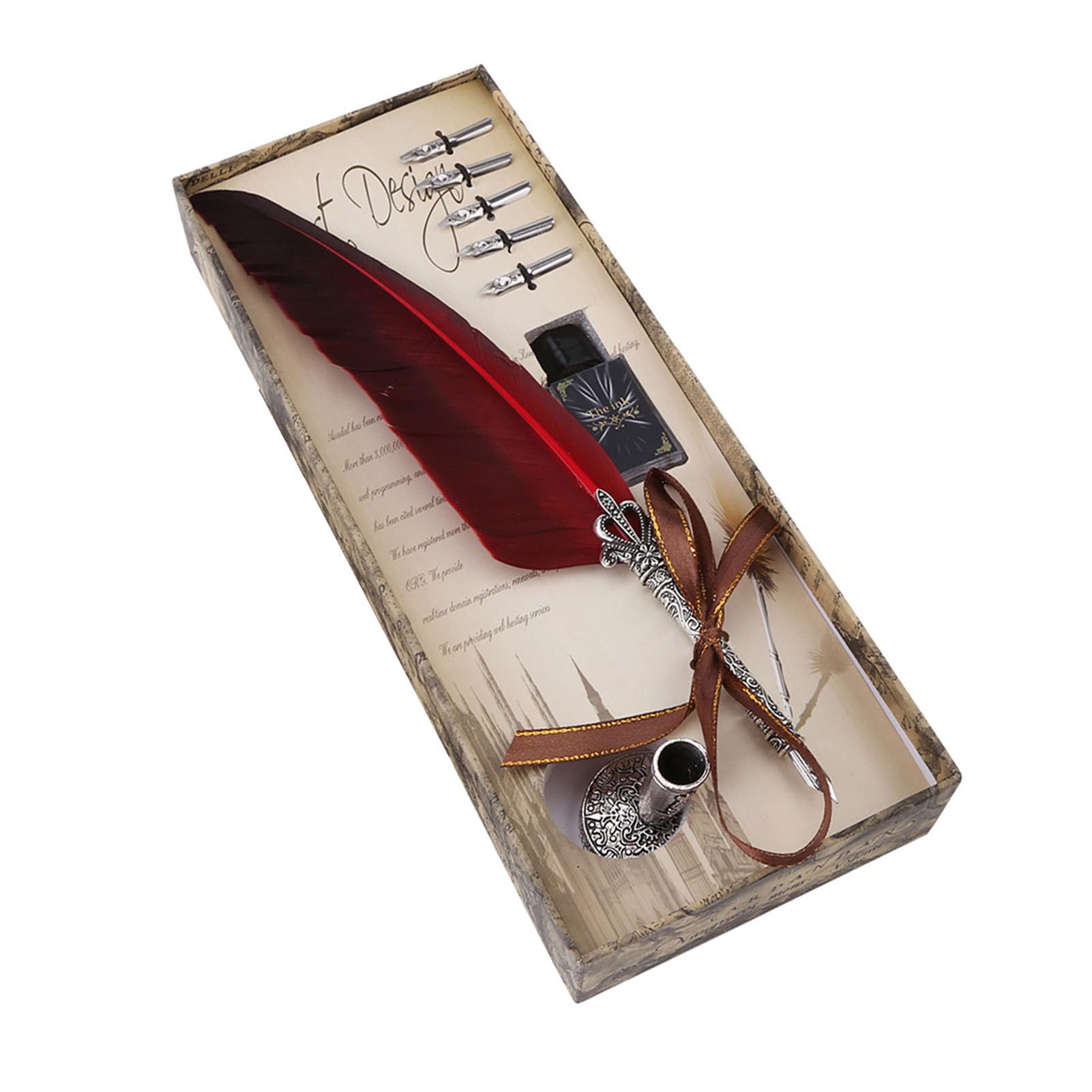 stylo plume calligraphie + Feather Dip Pen Calligrafia Inglese Feather Dip Penna d'oca Set di Inchiostri di Cancelleria Presente con 5 pennini (rosso)