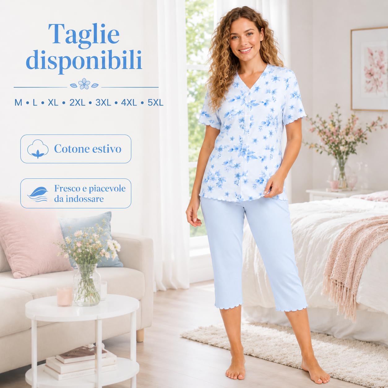 Leedya Pigiama Donna Primaverile Estivo in Cotone 100% – Canotta Senza Maniche e Pantalone Pinocchietto 3/4, Fresco e Traspirante, Comfort Fit, Made in Italy