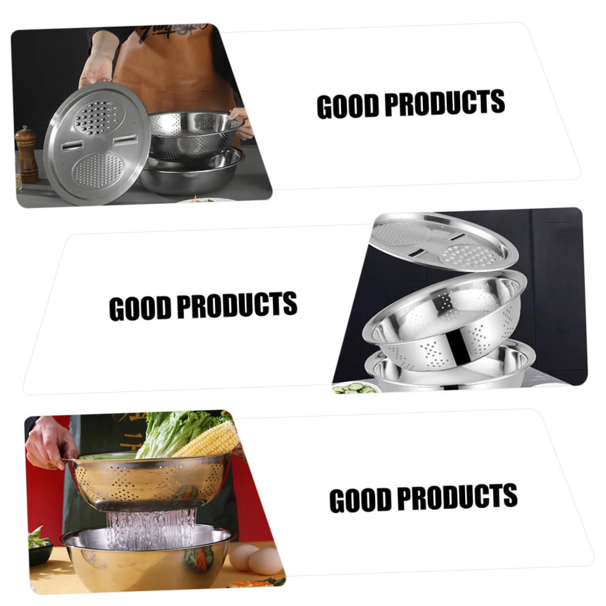 Colador de Verduras y Frutas de Acero Inoxidable 3 Piezas Diseño de Drenaje Adecuado para Cocina y Amasado Estilo Aleatorio