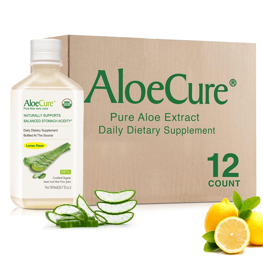 AloeCure USDA Organic Aloe Vera Juice Lemon Flavor, 12 Bottles