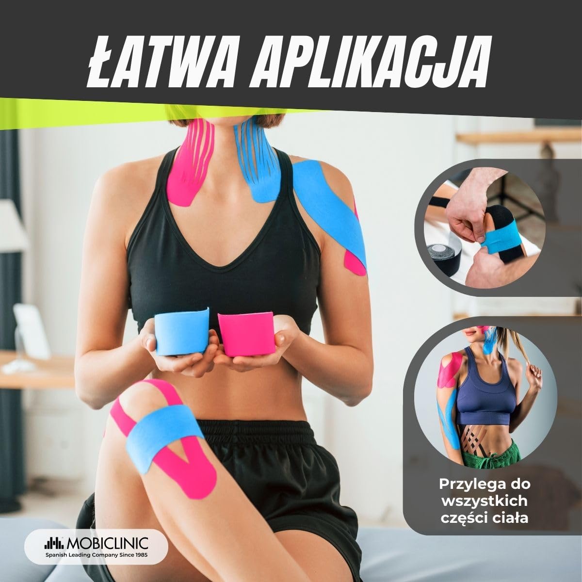 Mobiclinic, Pakiet 2 taśm kinesiotape, 5mx5cm, Mobitape, Elastyczna taśma samoprzylepna, Muscle pain relief, Elastyczny, Kinesiology bandage, Rolka, Czarny i beżowy