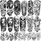 77 Sheets Christian Chicano Temporary Tattoos Adult Men Women Jesus Christ Religious Cholo Lowrider Fake Tattoos Stickers, Half Arm Sleeve Temp Tattoos for Adult Kids
