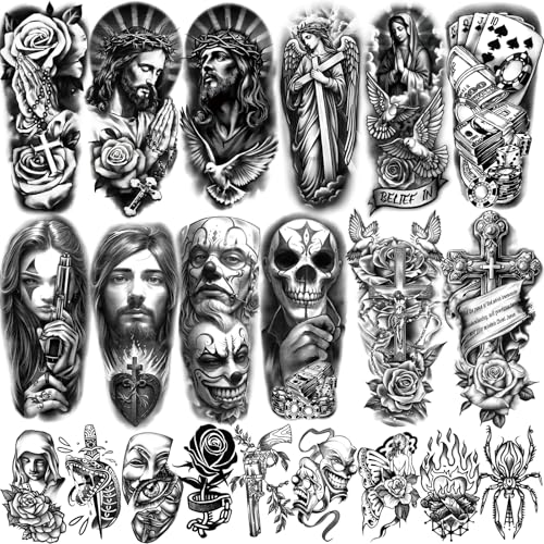 77 Sheets Christian Chicano Temporary Tattoos Adult Men Women Jesus Christ Religious Cholo Lowrider Fake Tattoos Stickers Half Arm Sleeve Temp Tattoos for Adult Kids