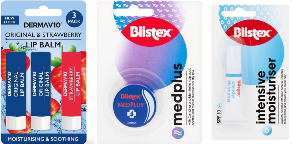 Happy BeesBundle 5 Pack Lip Balm Blistex Medplus Relief, Intensive Cherry & Derma V10 Original & Strawberry