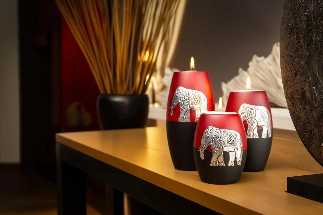 IYARA CRAFT 3 Wooden Candle Holders– Decorative Candle Holders with Inlaid Aluminium Antique Elephant – Intricate Details – Matte Wood Finish – Ideal for Modern & Rustic Settings (Rugby Shape)