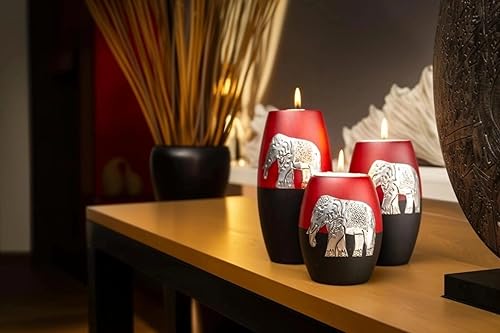 Miniatura 5 de IYARA CRAFT 3 portavelas de madera, candelabros decorativos con incrustaciones de elefante antiguo de aluminio, detalles intrincados, acabado de
