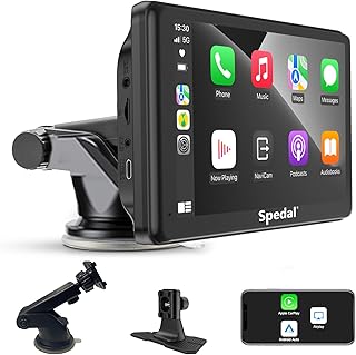 Spedal Wireless Apple CarPlay & Android Auto, Portable Car Stereo with Front Camera, 7" IPS Touchscreen Apple Car Play Dash Mount Car Screen, AirPlay, Bluetooth, AUX/FM Transmitter
